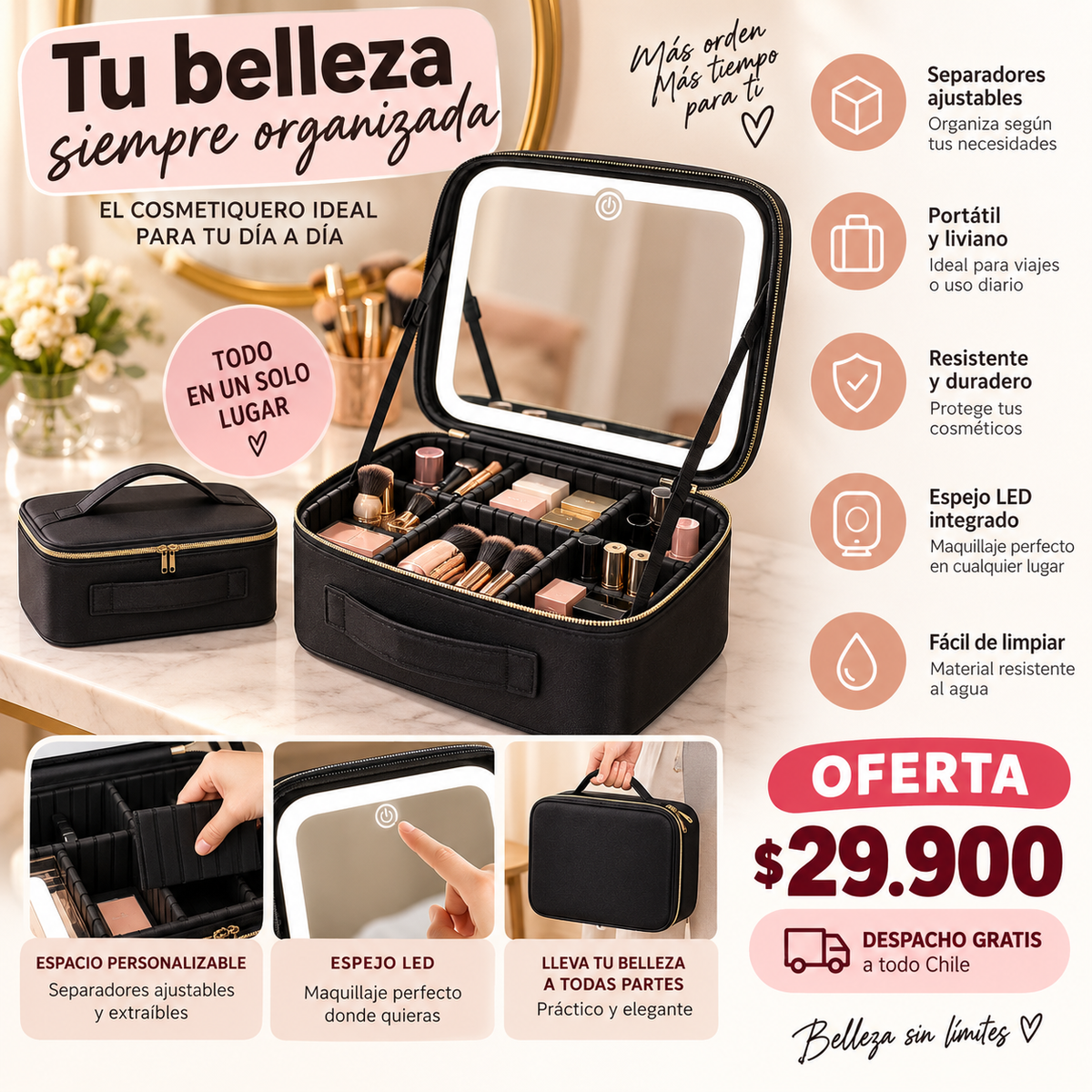 Cosmetiquero Maquillaje Espejo Luz LED